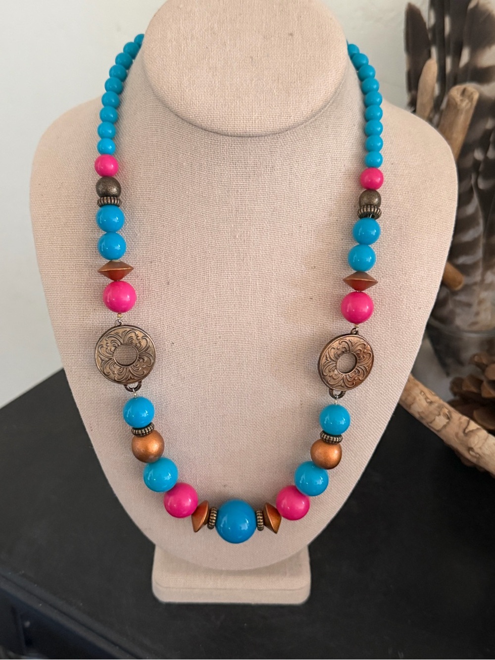 Vintage Turquoise & Pink Beads & Bronze Disks Beaded Necklace